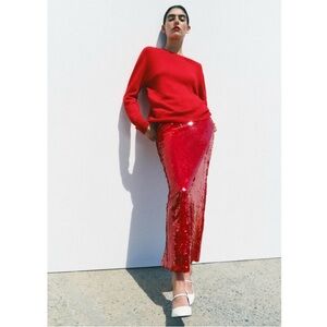 Zara Red Sequin Midi Skirt